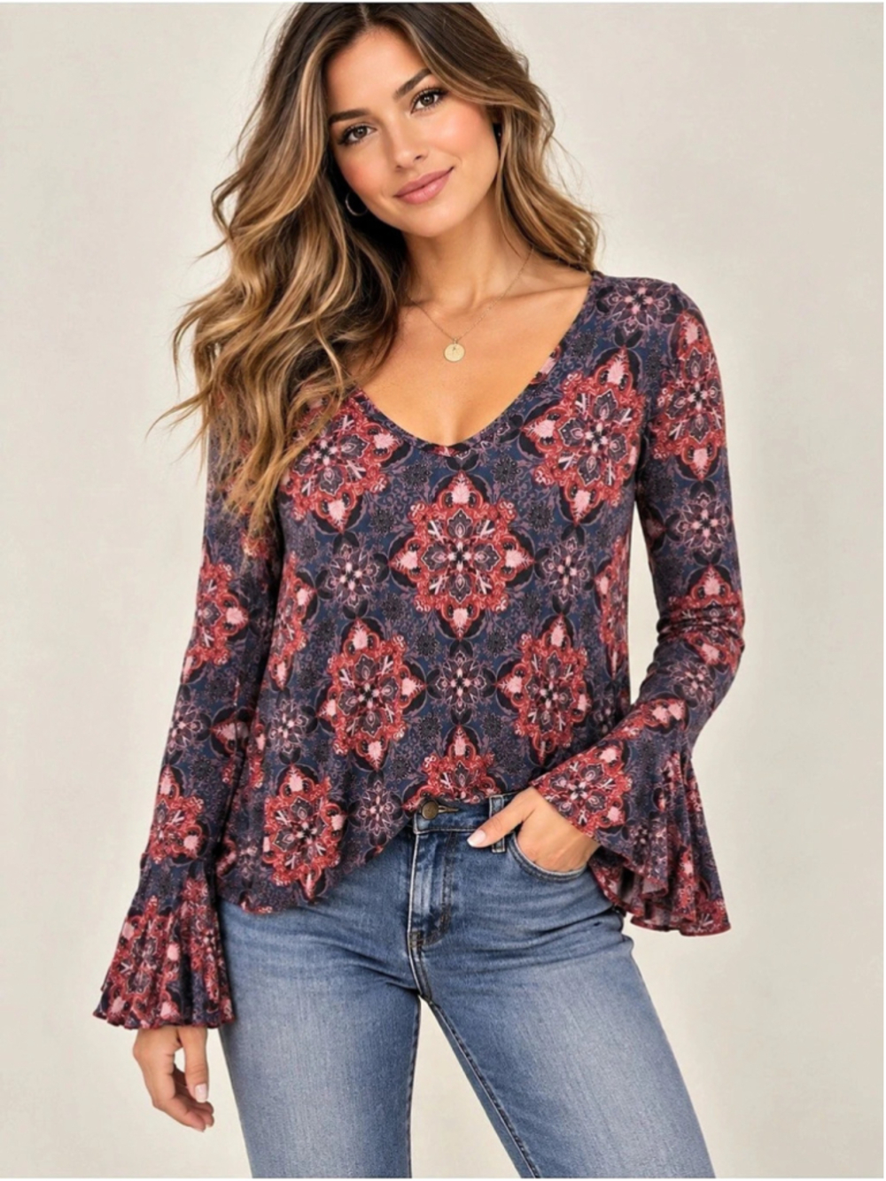 Trueself Floral Bell Sleeve Blouse in Blue & Red Size Large - Picture 1 of 5
